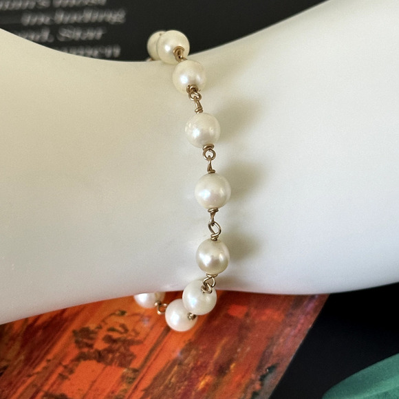 Vintage 14K Yellow Gold Genuine Pearl 6MM Cream Station Bracelet 6.5" - Picture 14 of 14